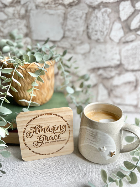 Amazing Grace engraved wooden coaster
