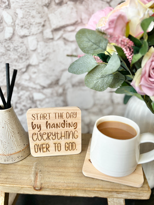 Start the day engraved wooden coaster