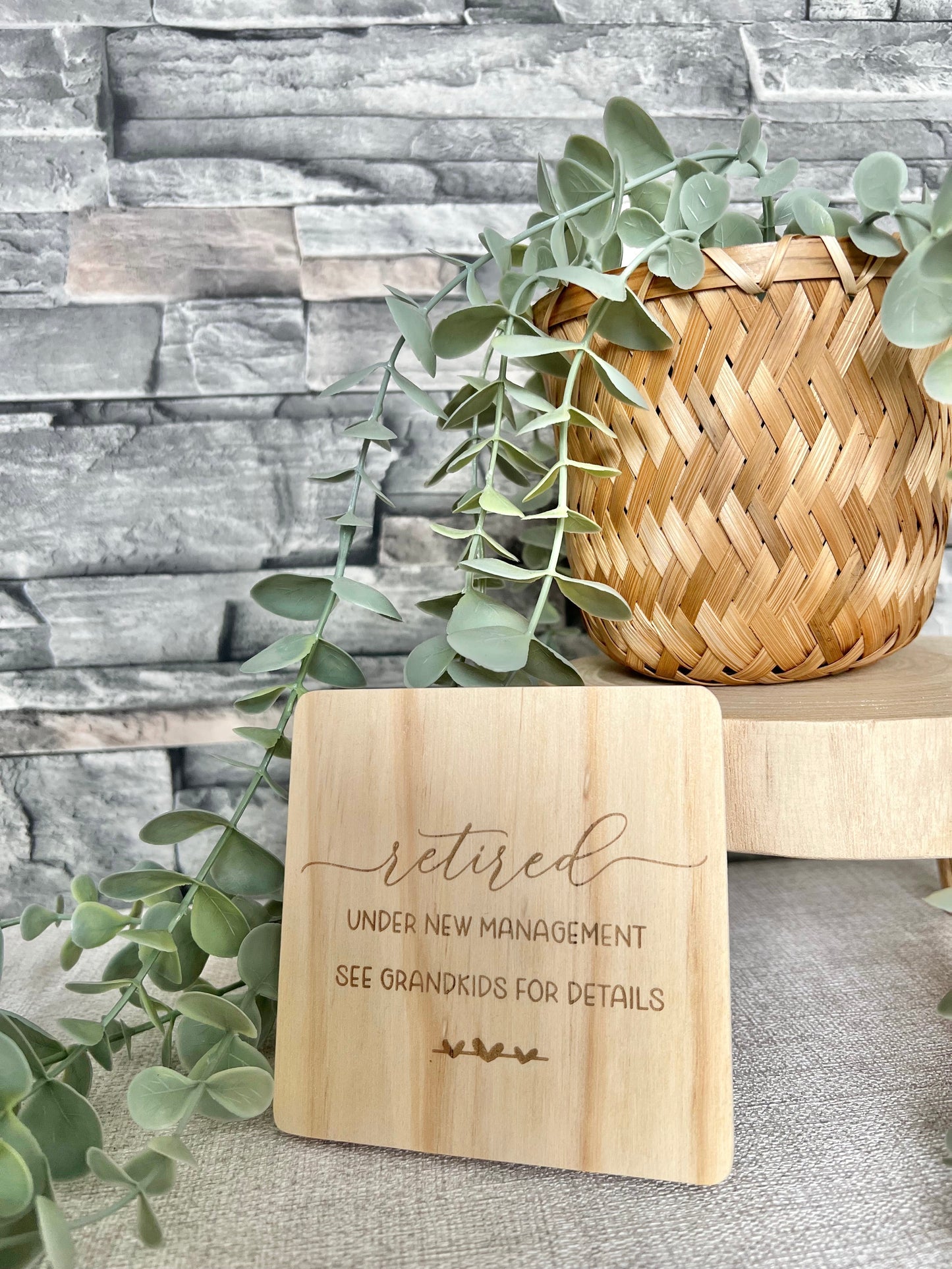 Retired see grandkids engraved wooden coaster