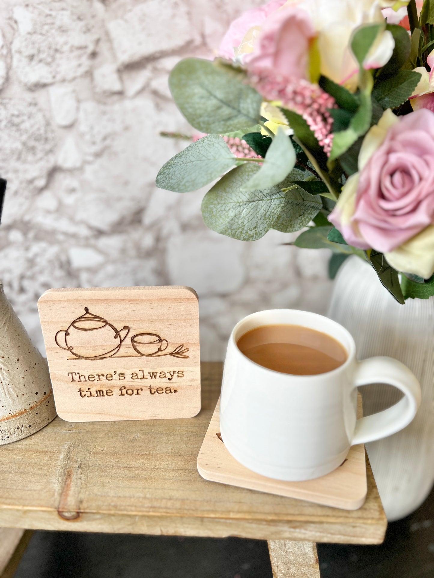 Always time for tea engraved wooden coaster