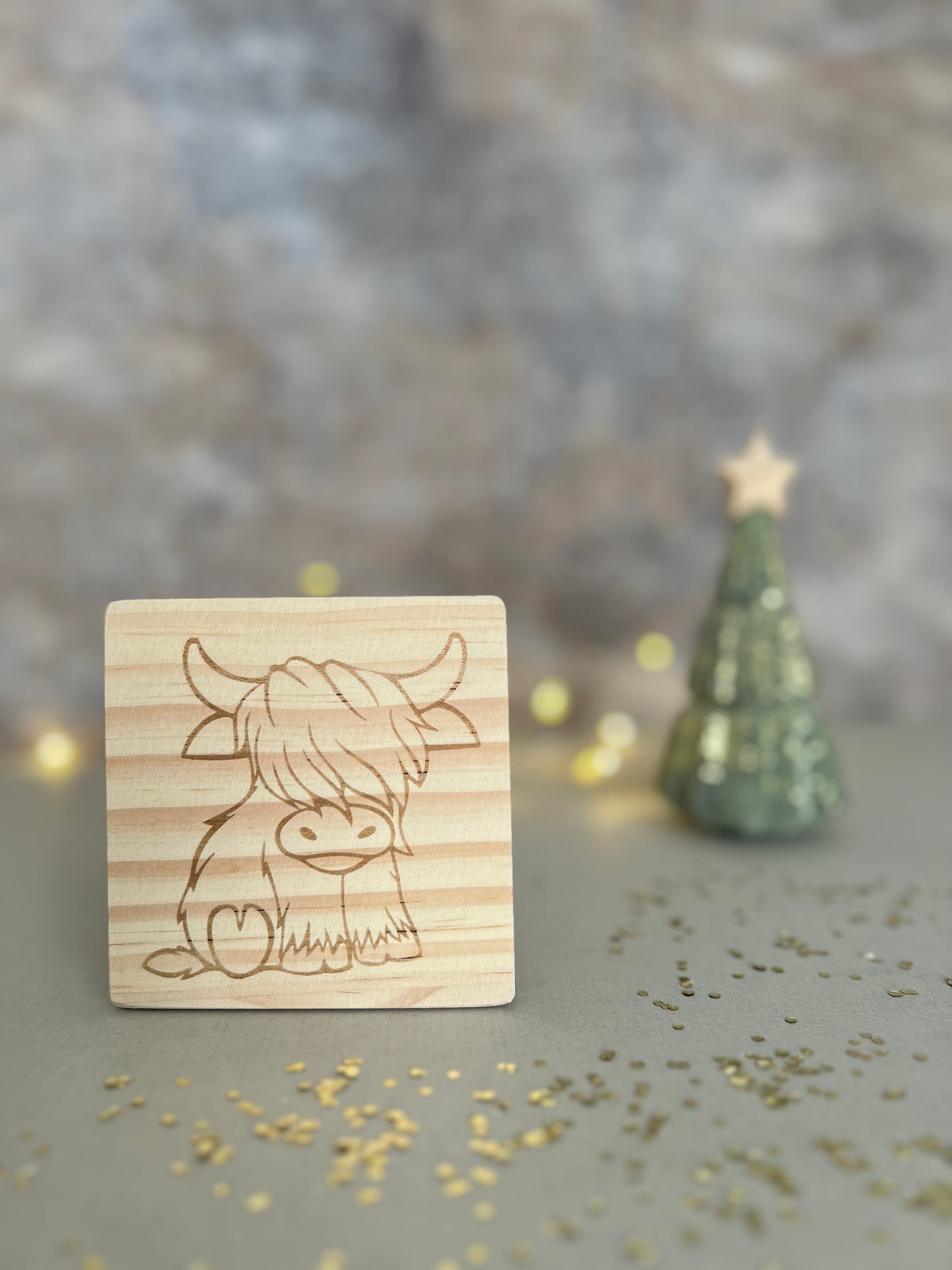 Highland cow engraved wooden coaster