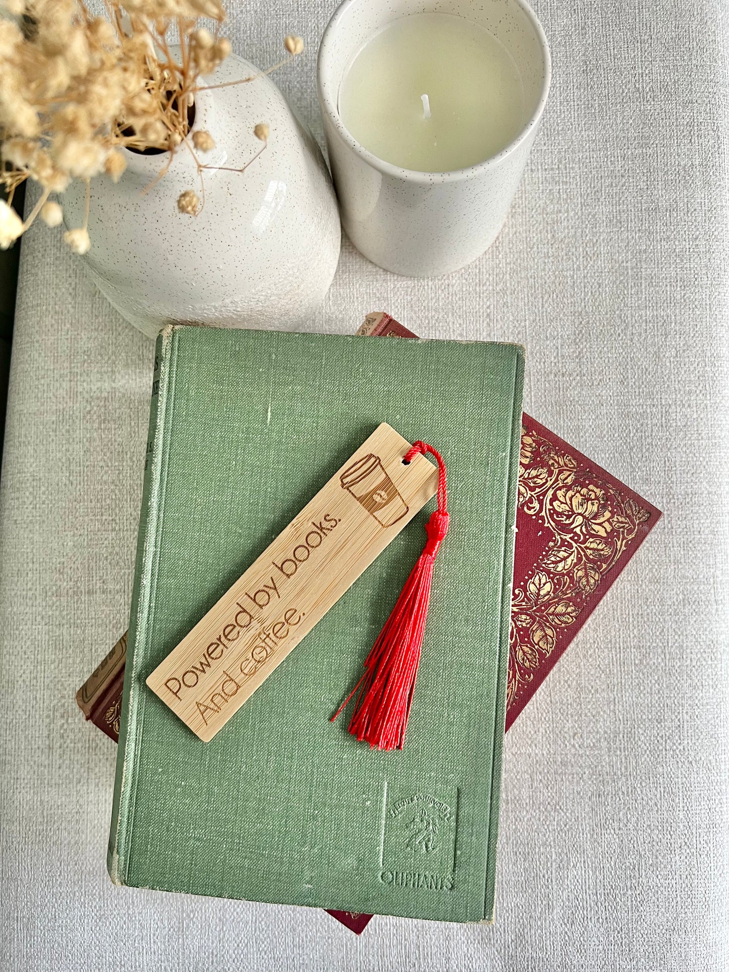Powered by books and coffee wooden engraved bookmark