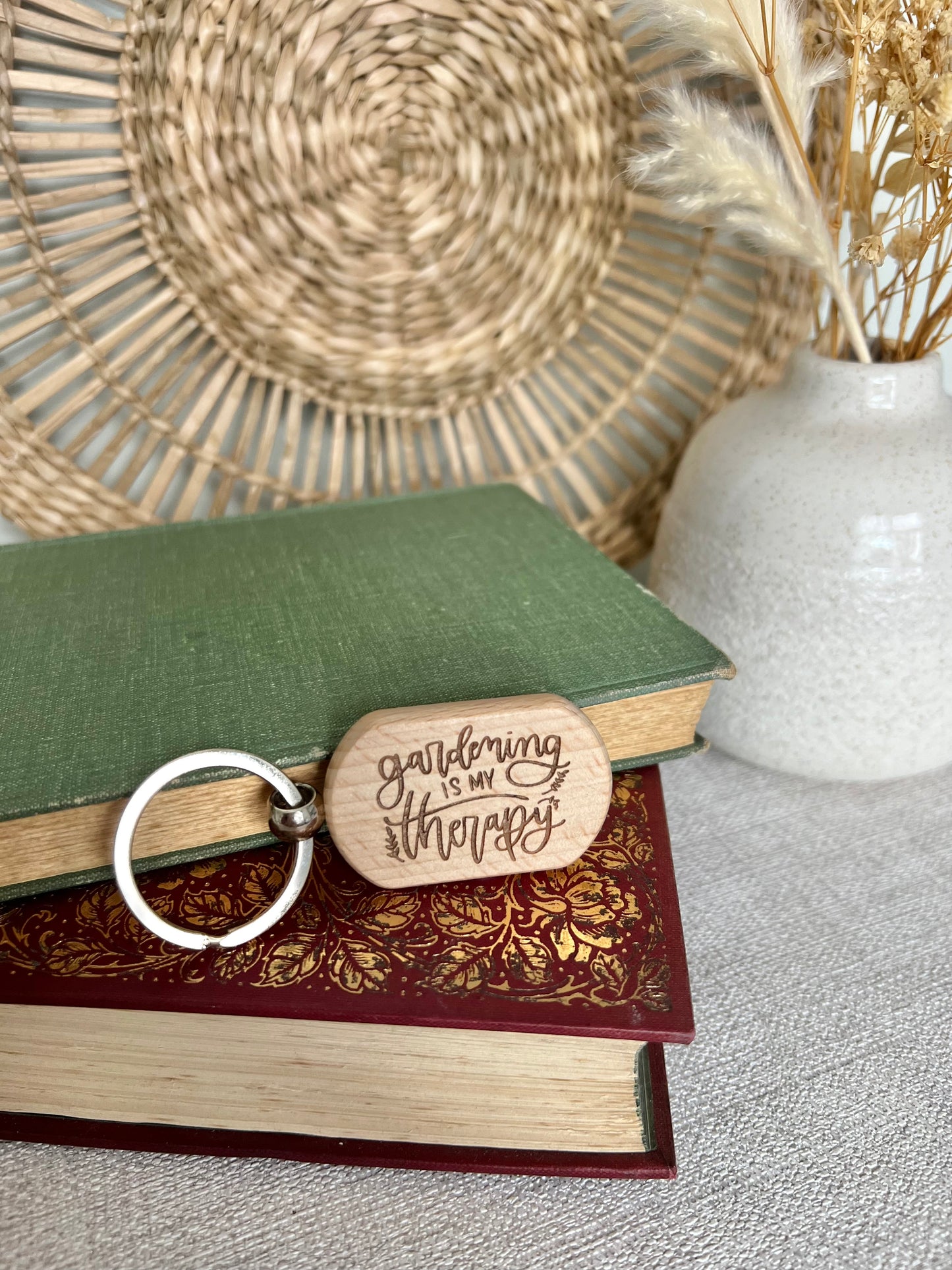 Gardening is my therapy engraved wooden keyring