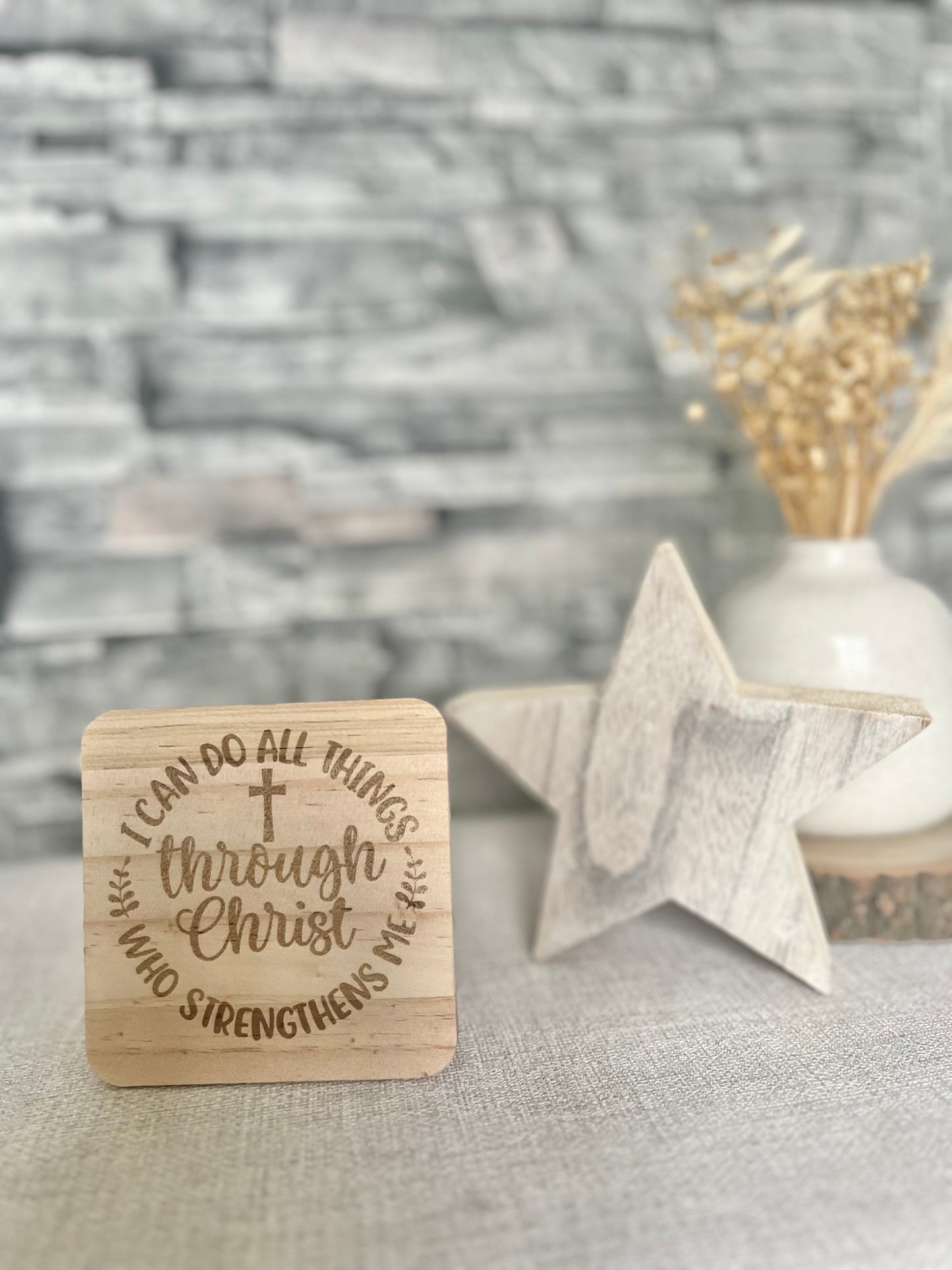 I can do all things engraved wooden coaster