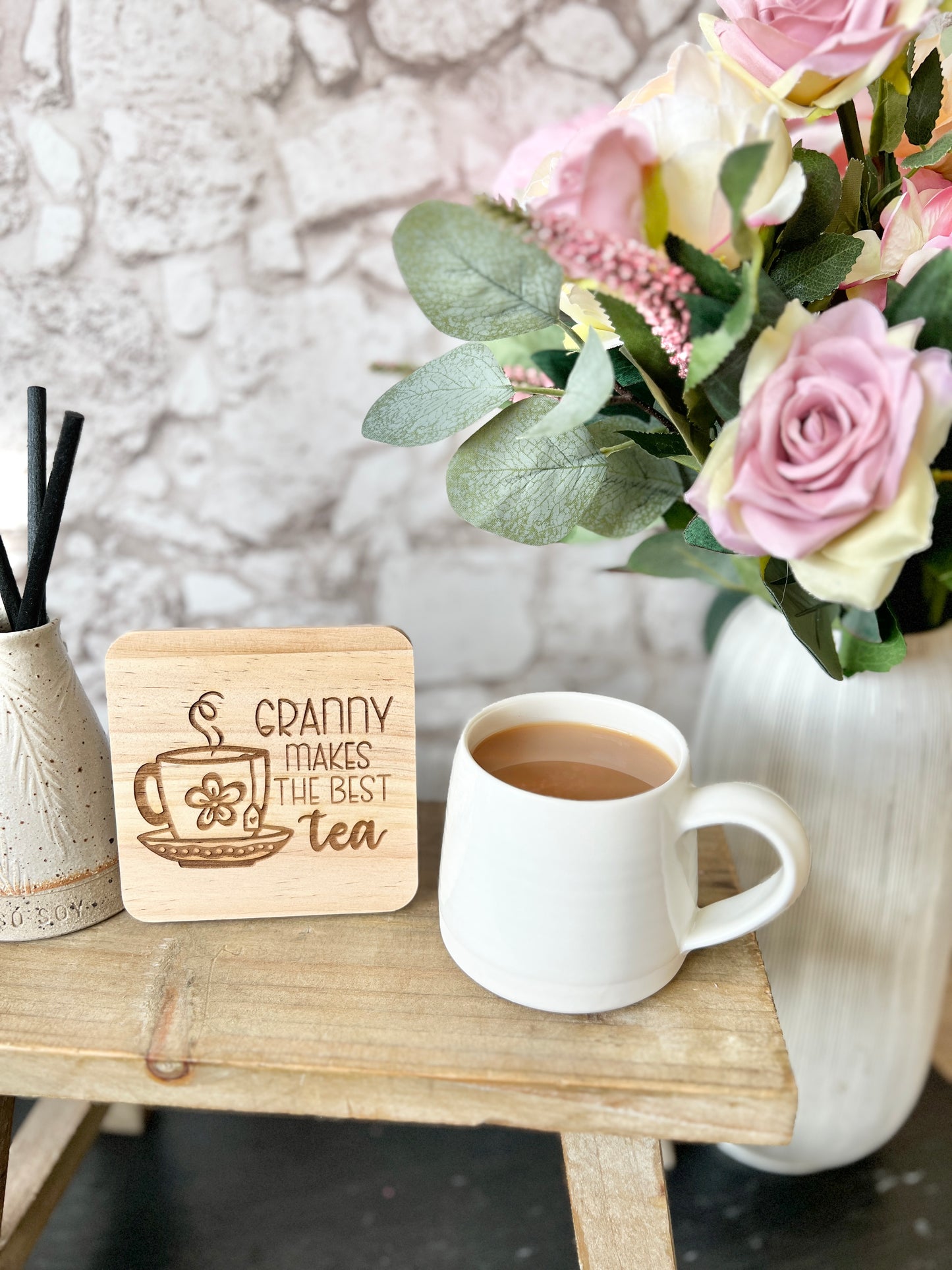 Granny makes best tea engraved wooden coaster