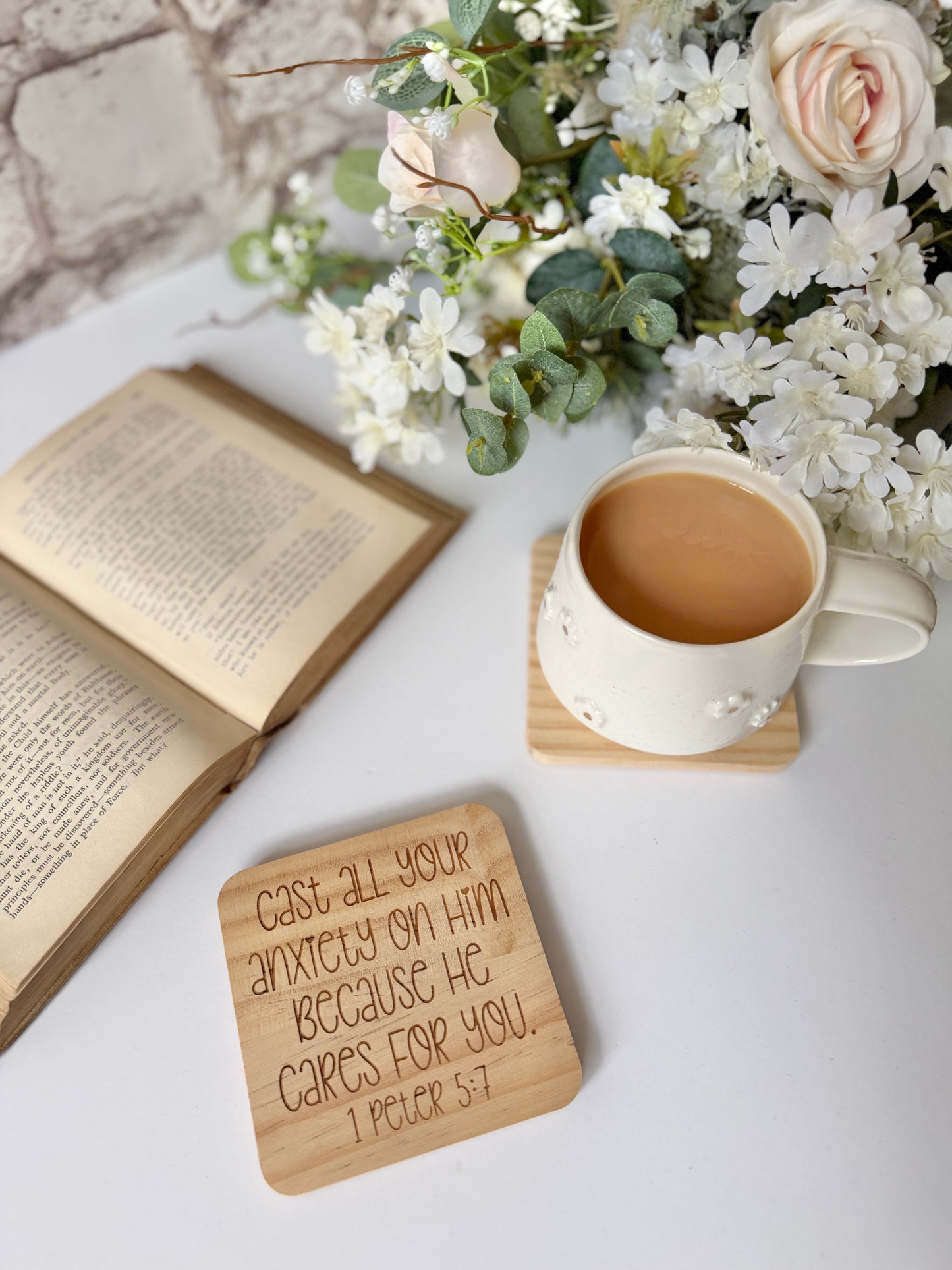 Cast all your anxiety on Him engraved wooden coaster