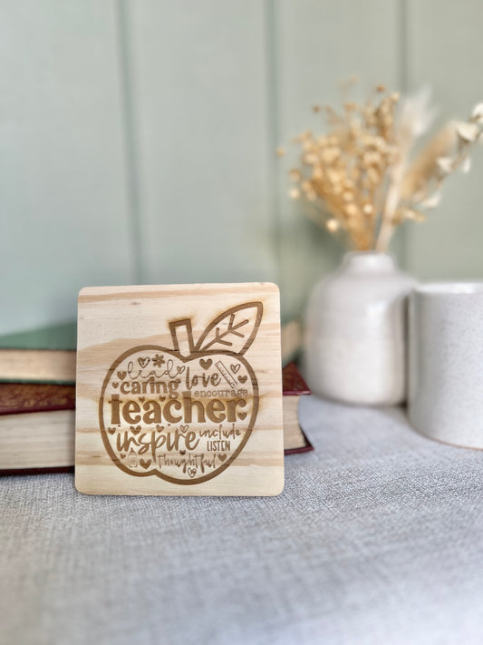 Teacher apple wooden engraved coaster