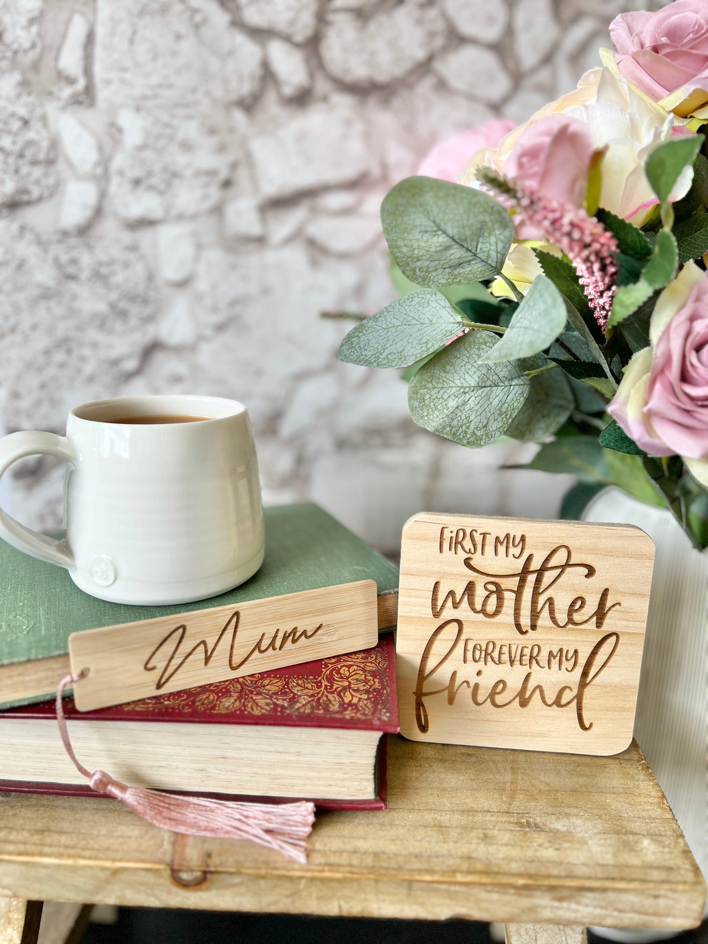 First my mother forever my friend engraved wooden coaster