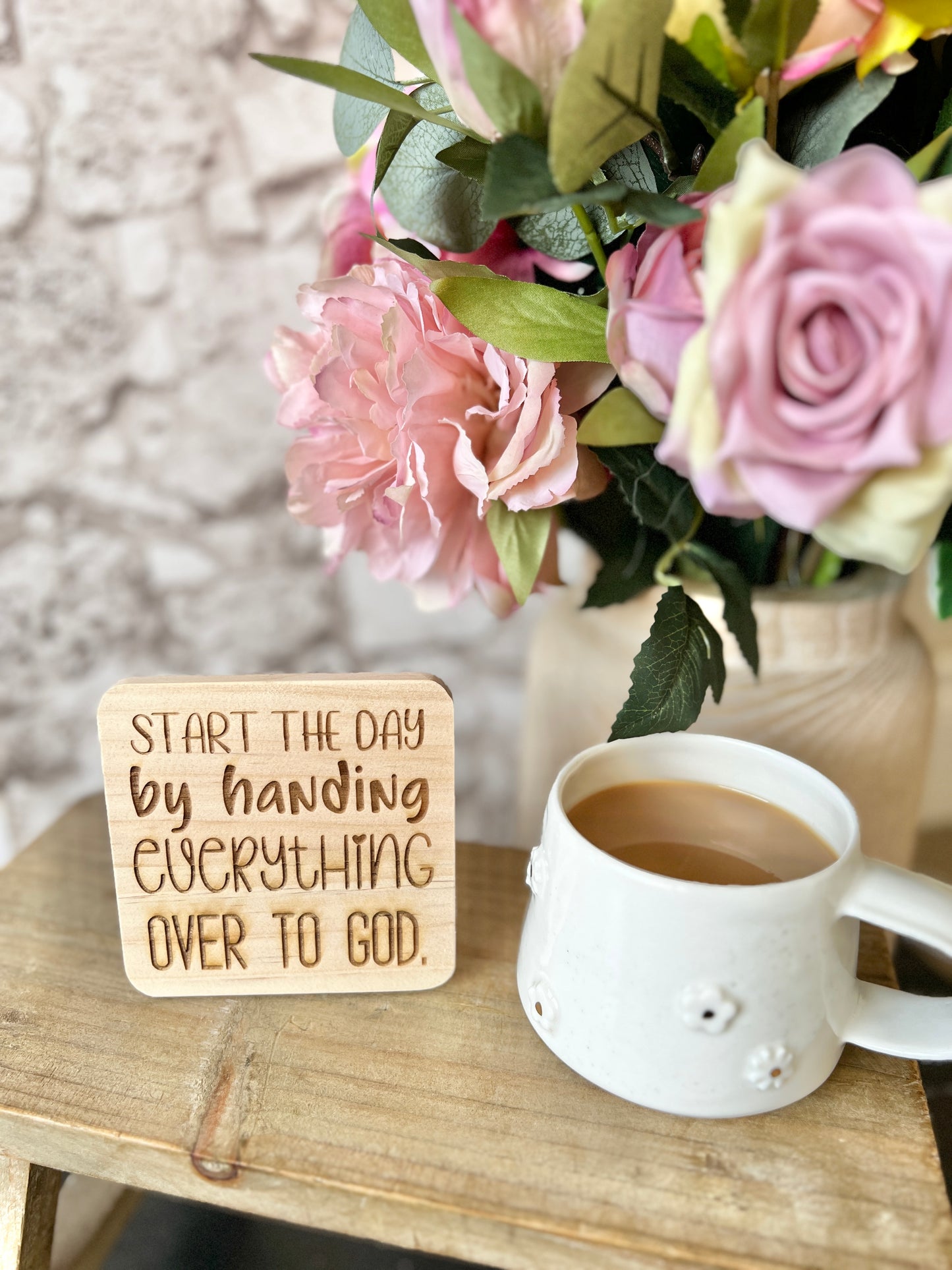 Start the day engraved wooden coaster