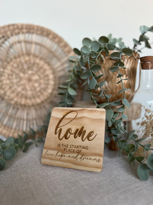 Home is the starting place engraved wooden coaster