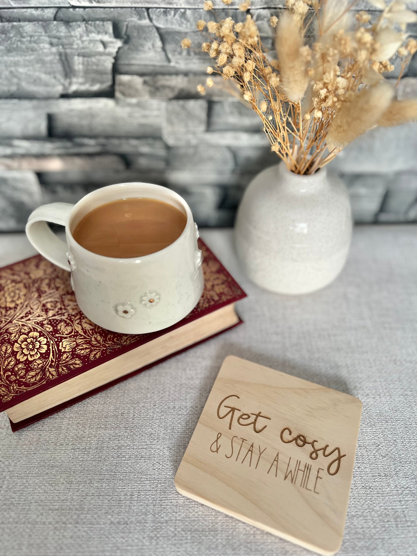 Get cosy engraved wooden coaster