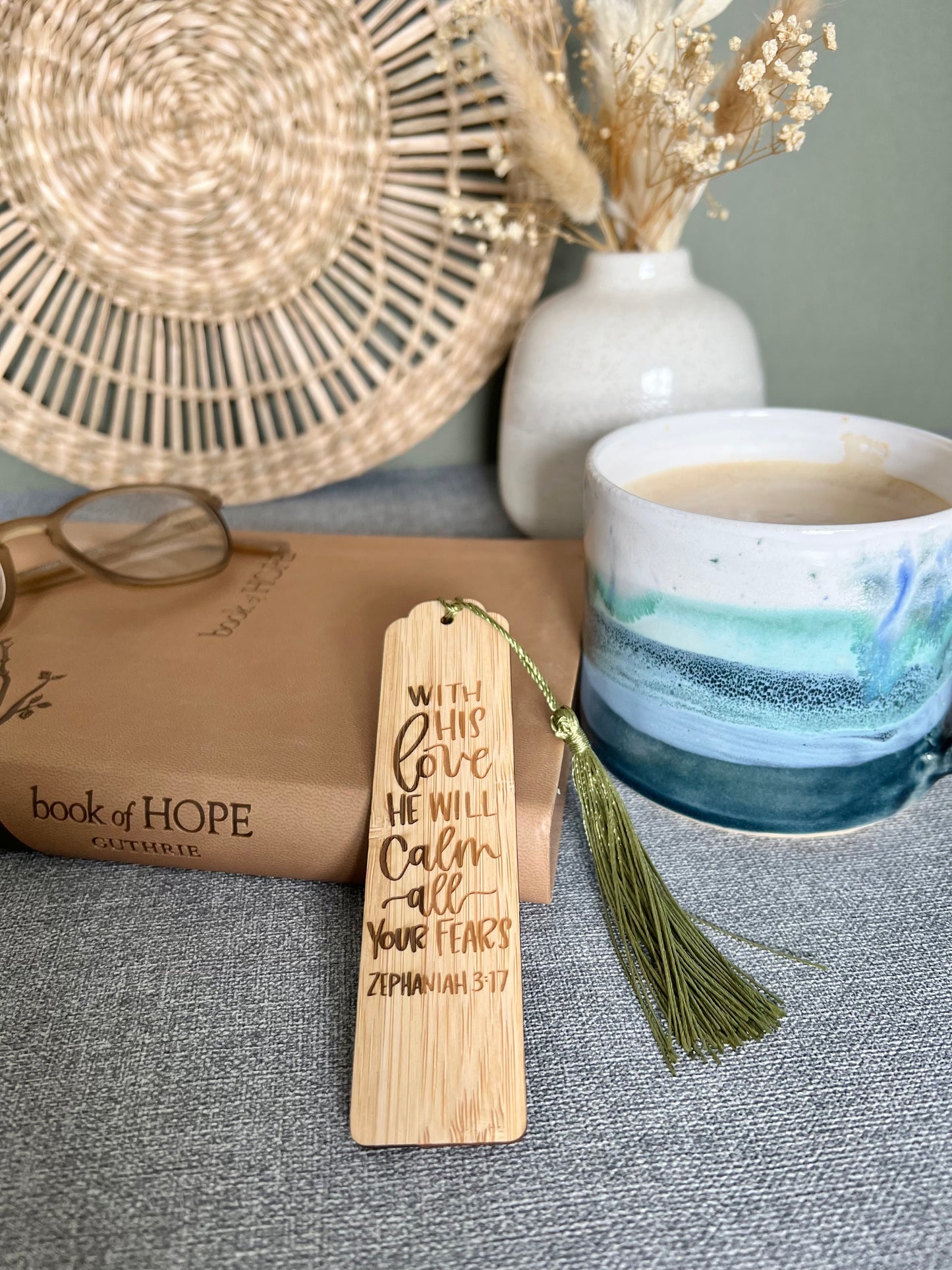 He will calm all your fears wooden engraved bookmark