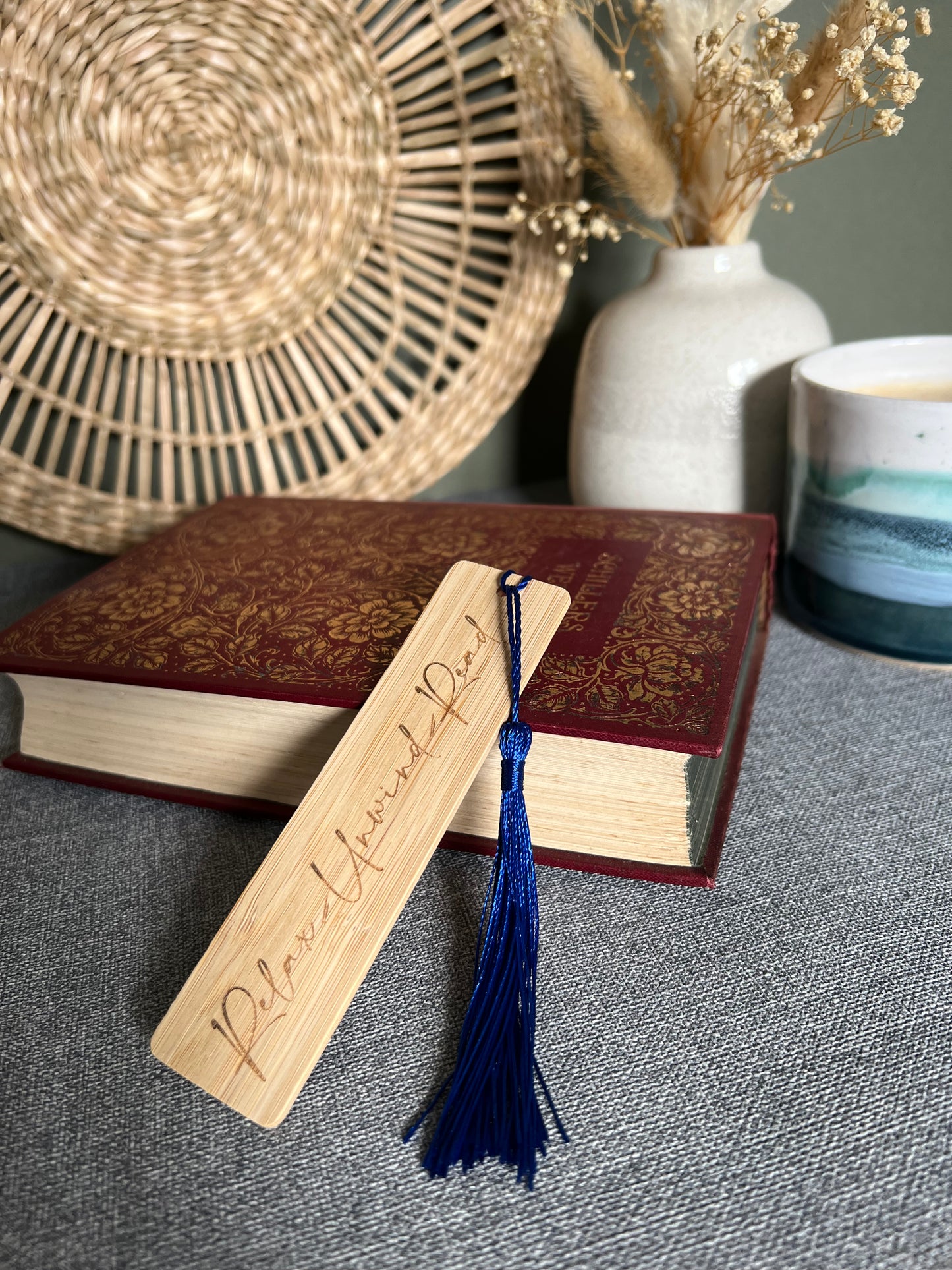 Relax, unwind, read wooden engraved bookmark