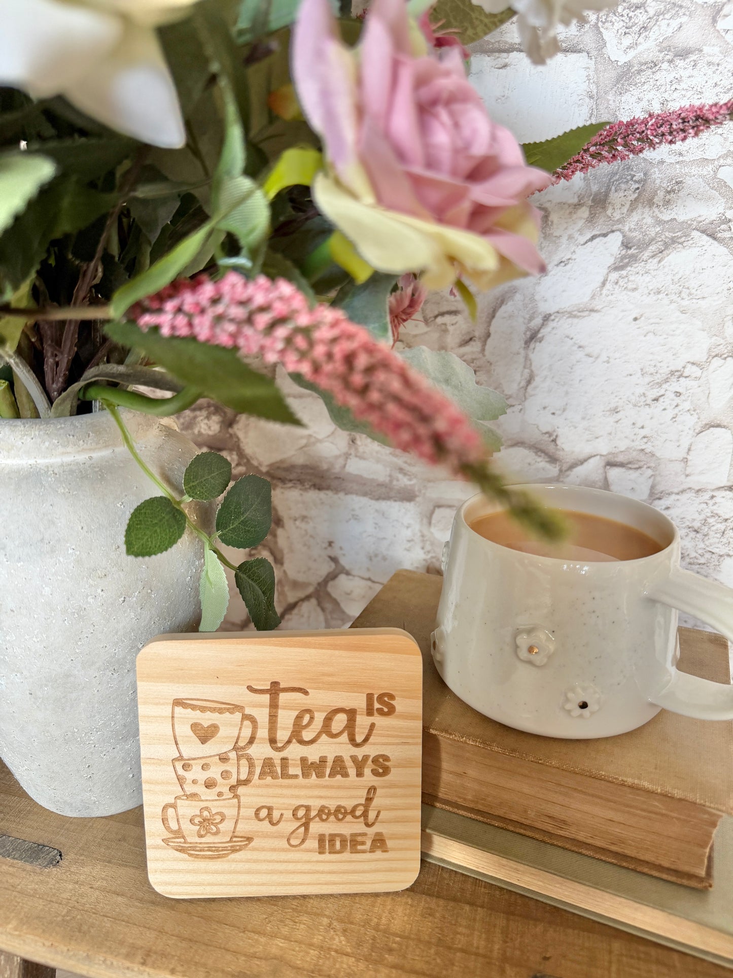 Tea good idea wooden engraved coaster