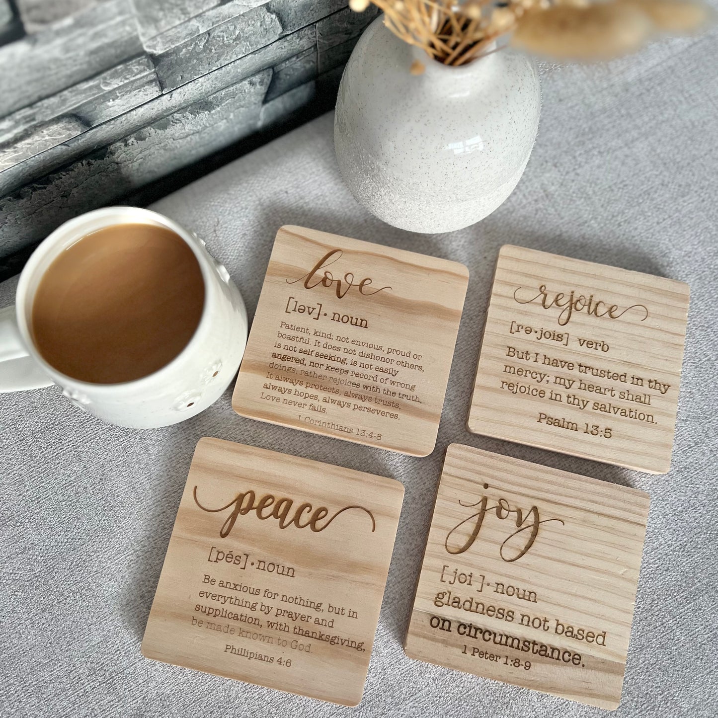 Set of 4 definition engraved wooden coaster