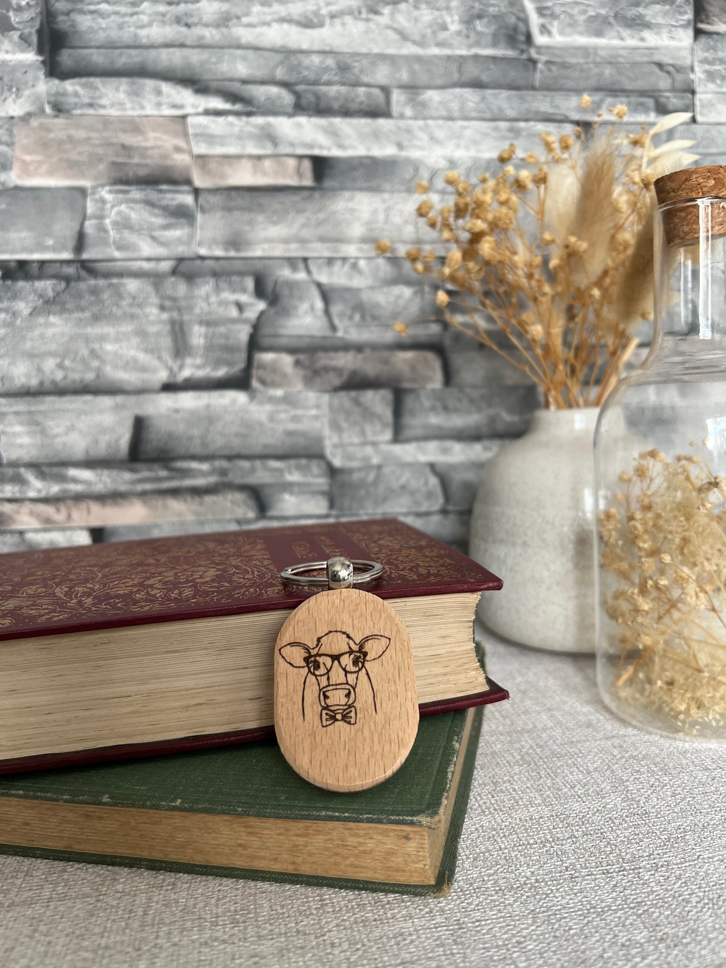 Cow glasses engraved keyring