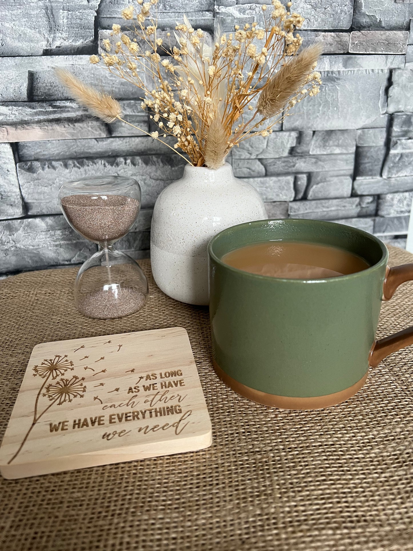 Engraved wooden coaster “As long as we have each other”