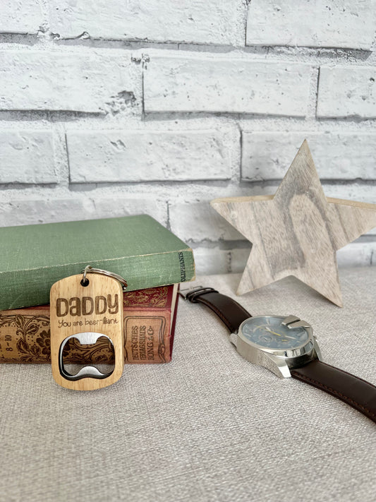 Daddy engraved wooden bottle opener keyring