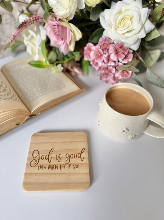 God is good engraved wooden coaster