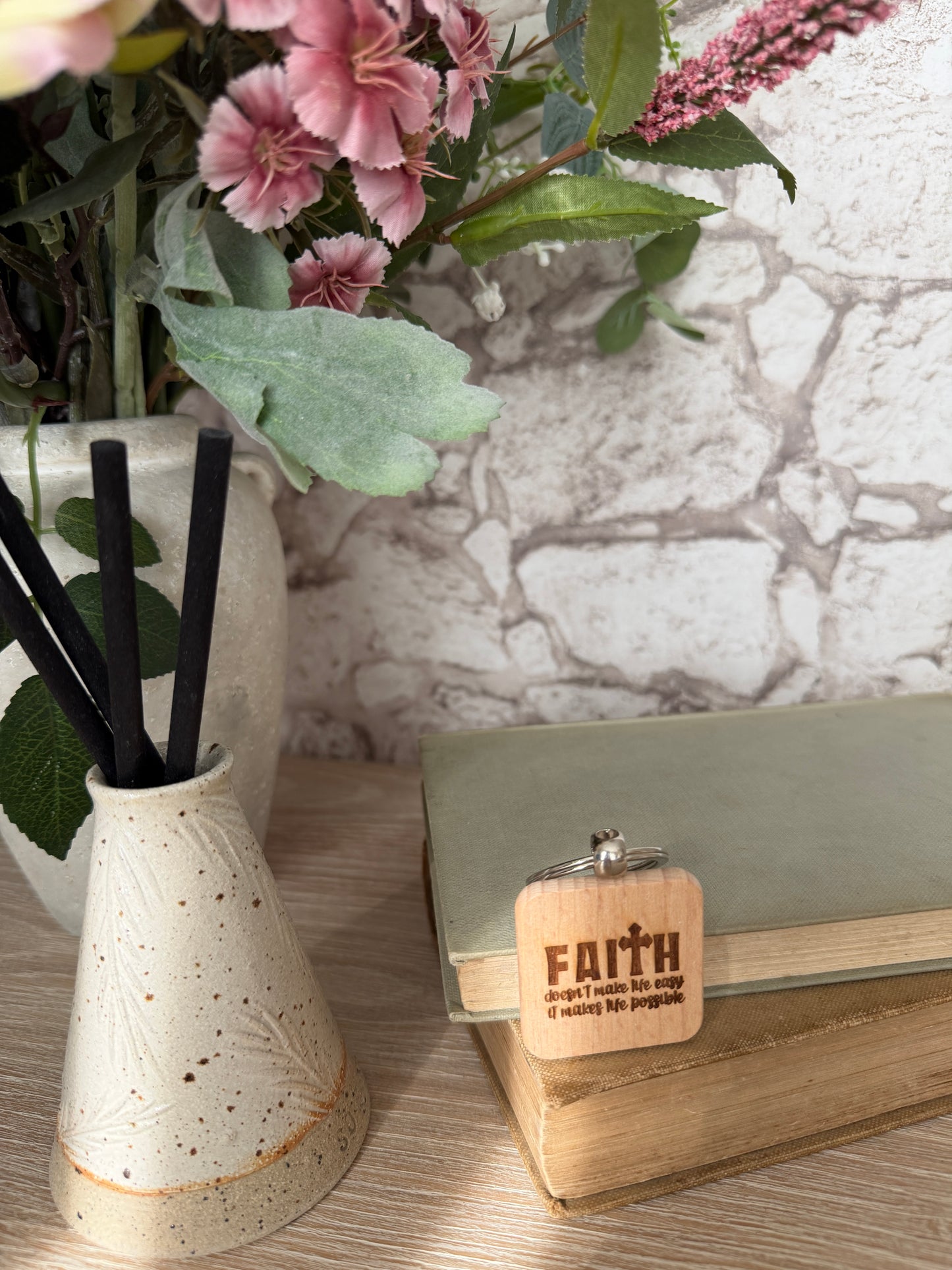 Faith makes life possible engraved keyring