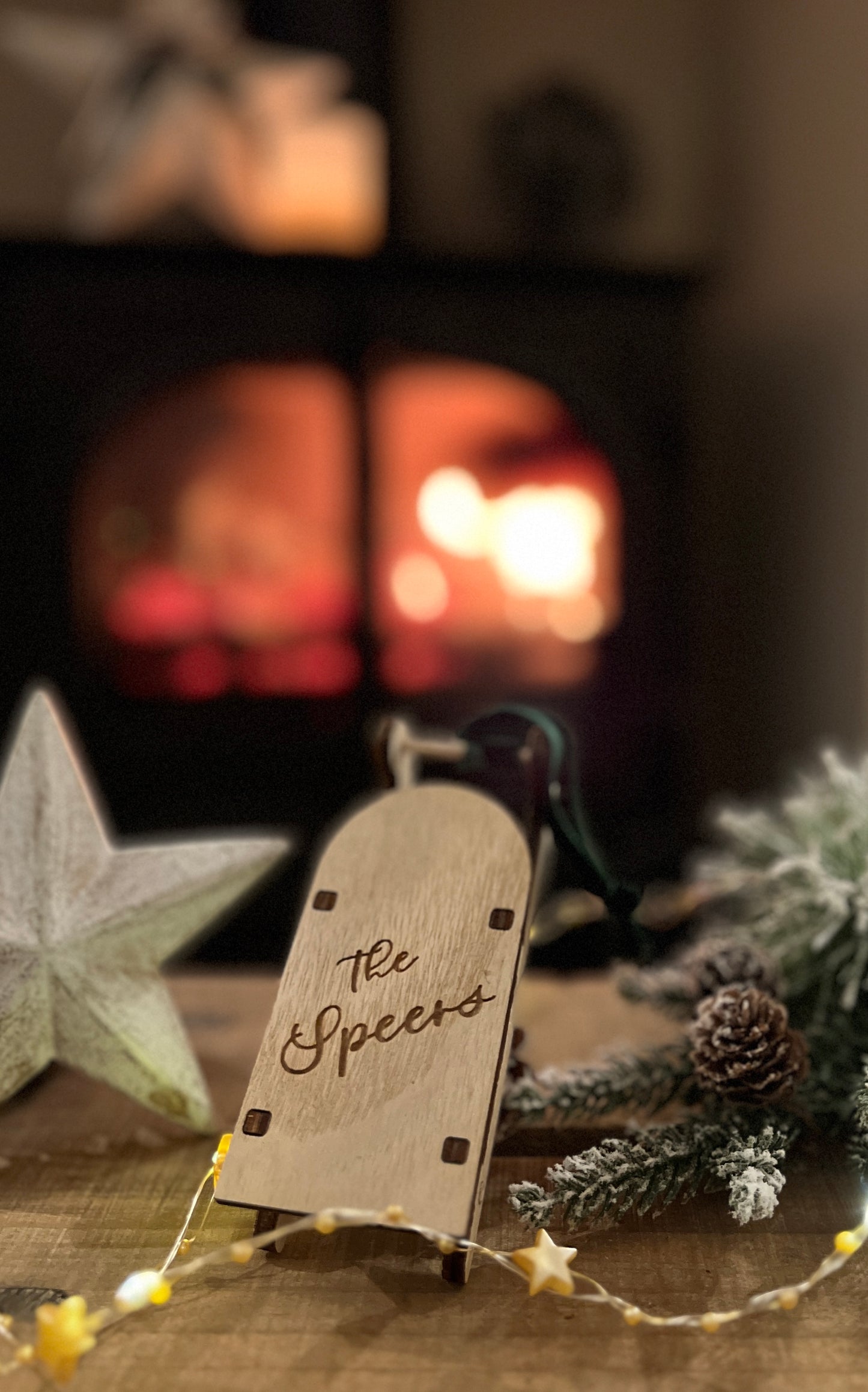 Personalised engraved wooden sleigh tree decoration