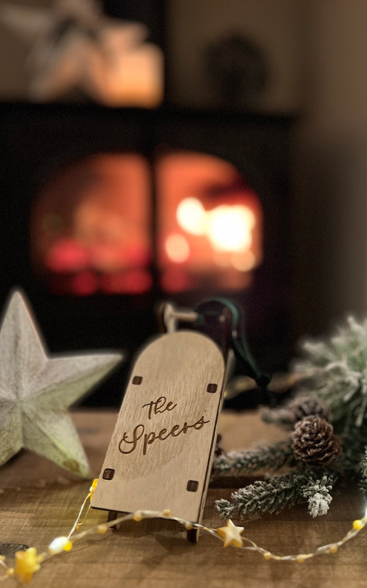 Personalised engraved wooden sleigh tree decoration