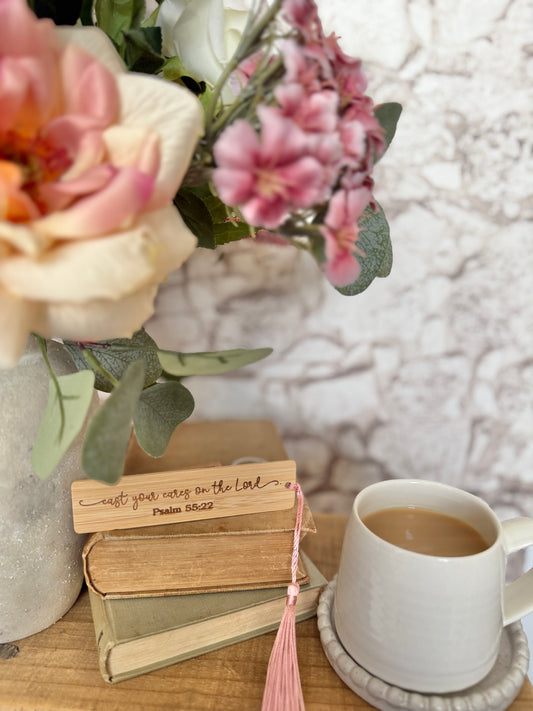 Cast all your cares on the Lord wooden engraved bookmark