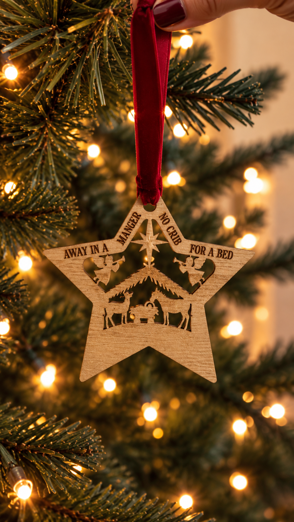 Wooden Nativity Star Christmas Tree Decorations – Set of 5
