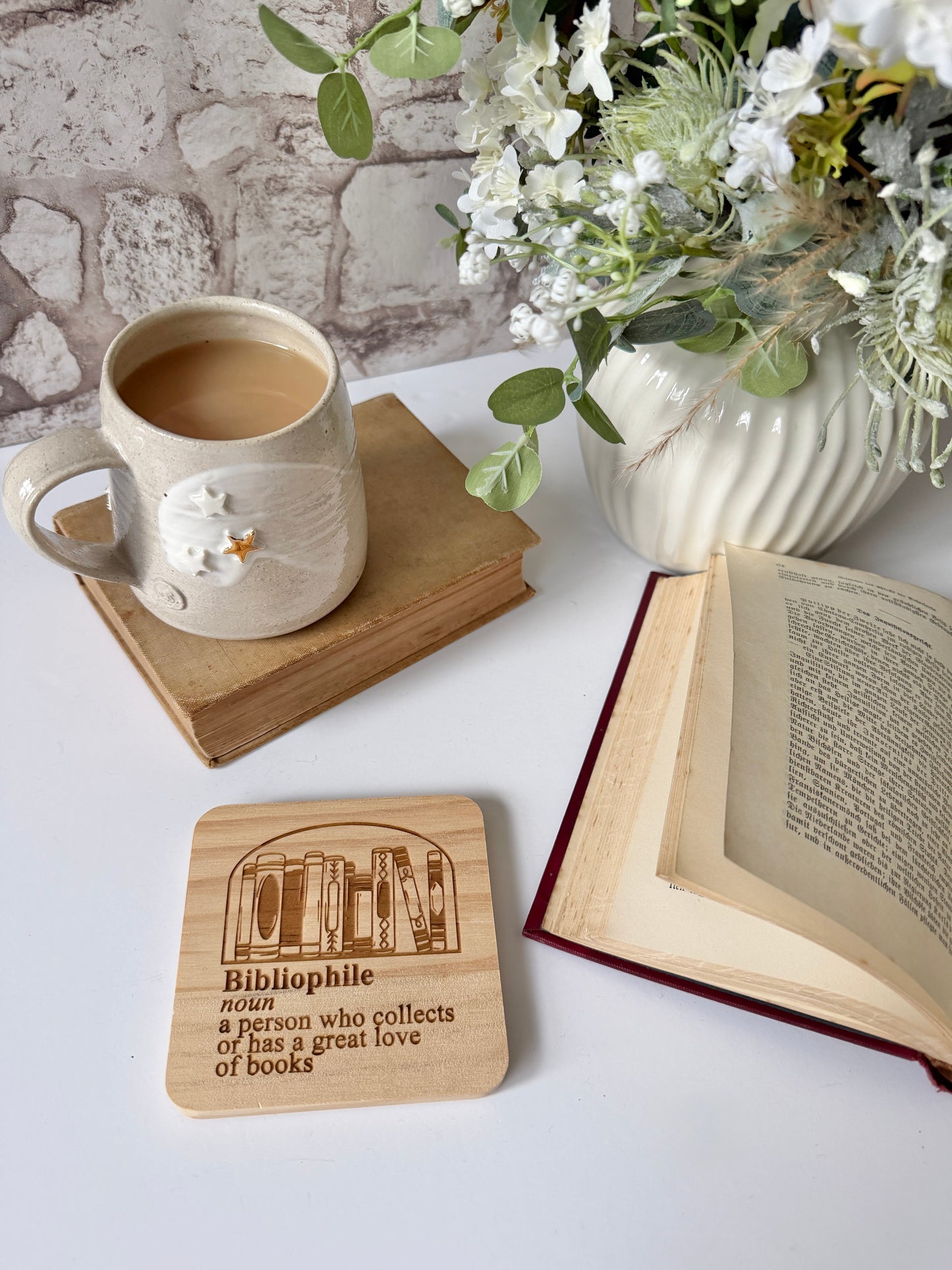 Bibliophile book reader engraved wooden coaster