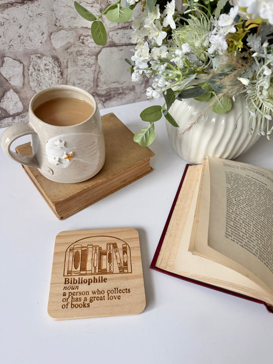 Bibliophile book reader engraved wooden coaster