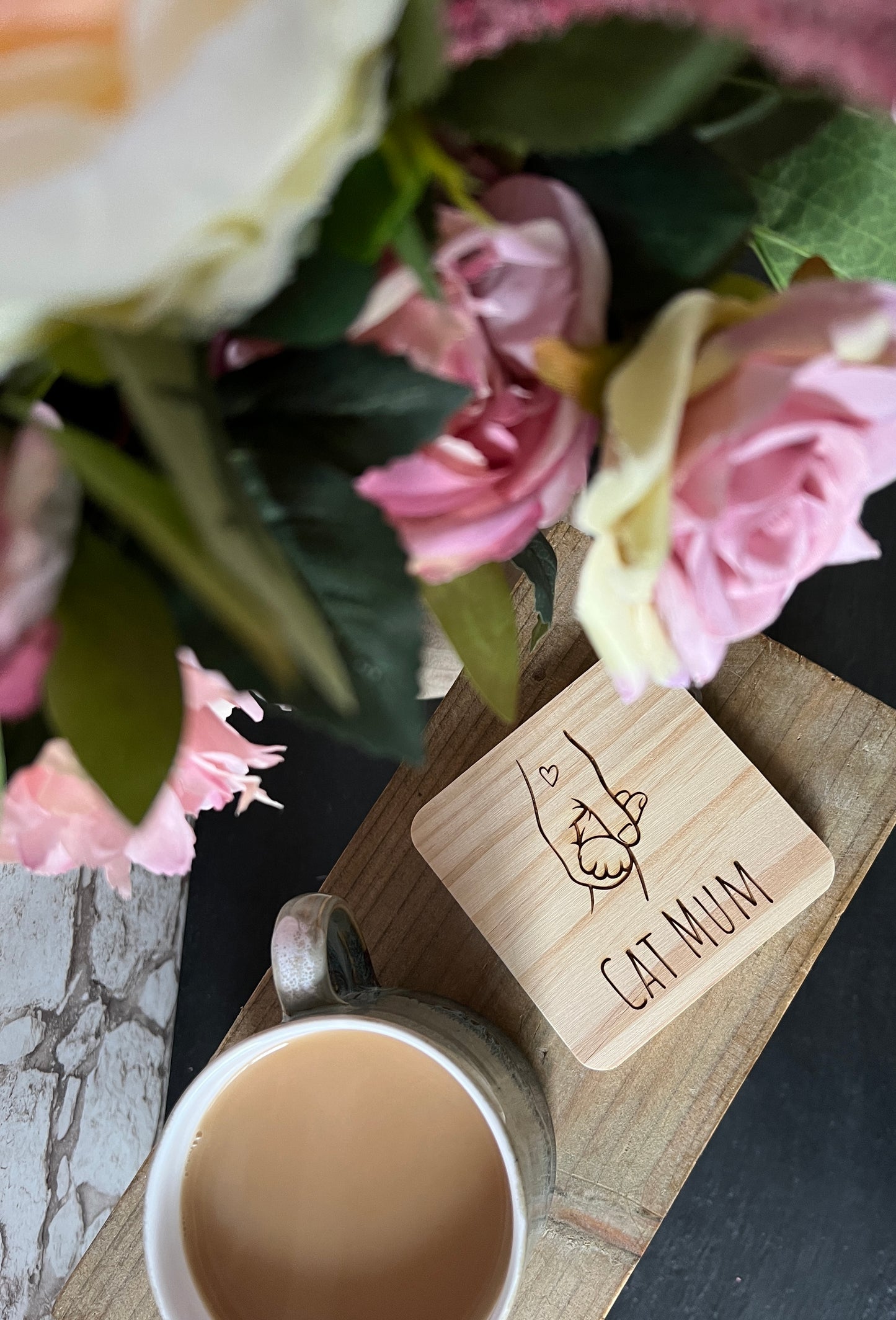 Cat Mum engraved wooden coaster