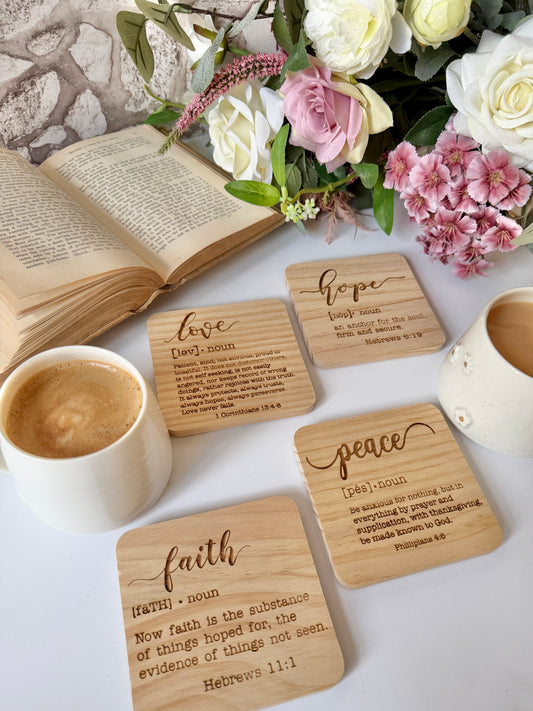 Set of 4 definition engraved wooden coaster