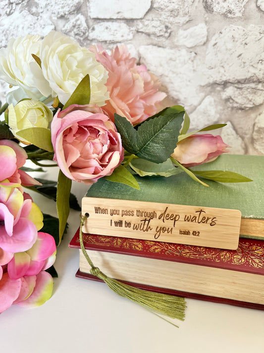 Deep waters wooden engraved bookmark