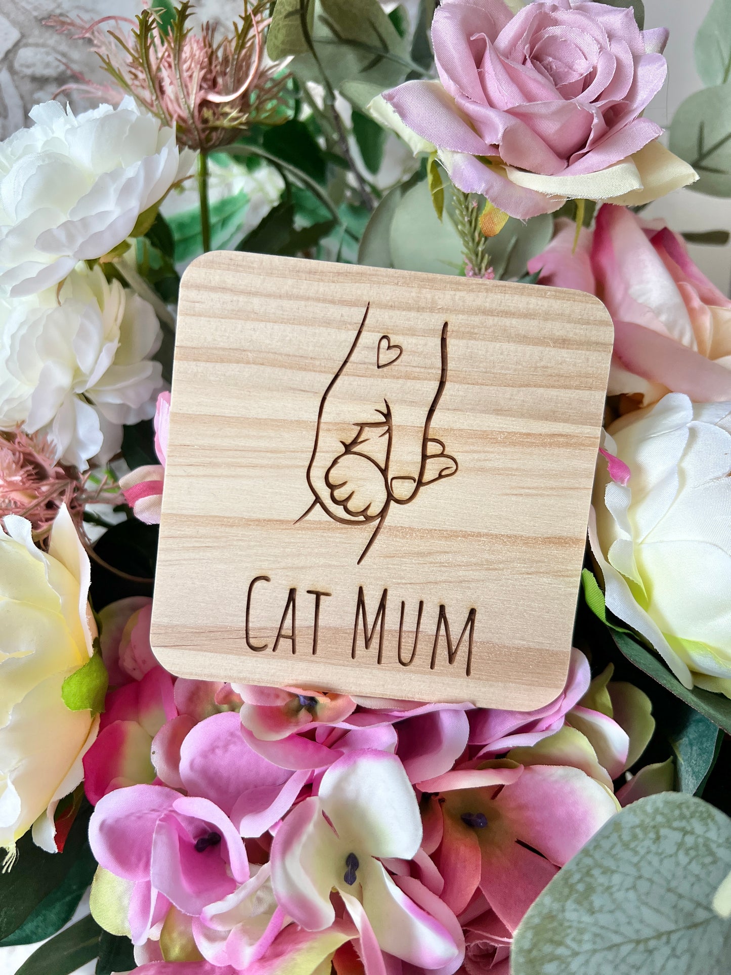 Cat Mum engraved wooden coaster