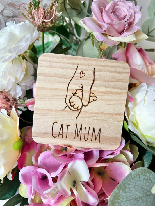 Cat Mum engraved wooden coaster