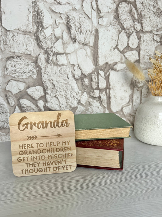Granda mischief engraved wooden coaster