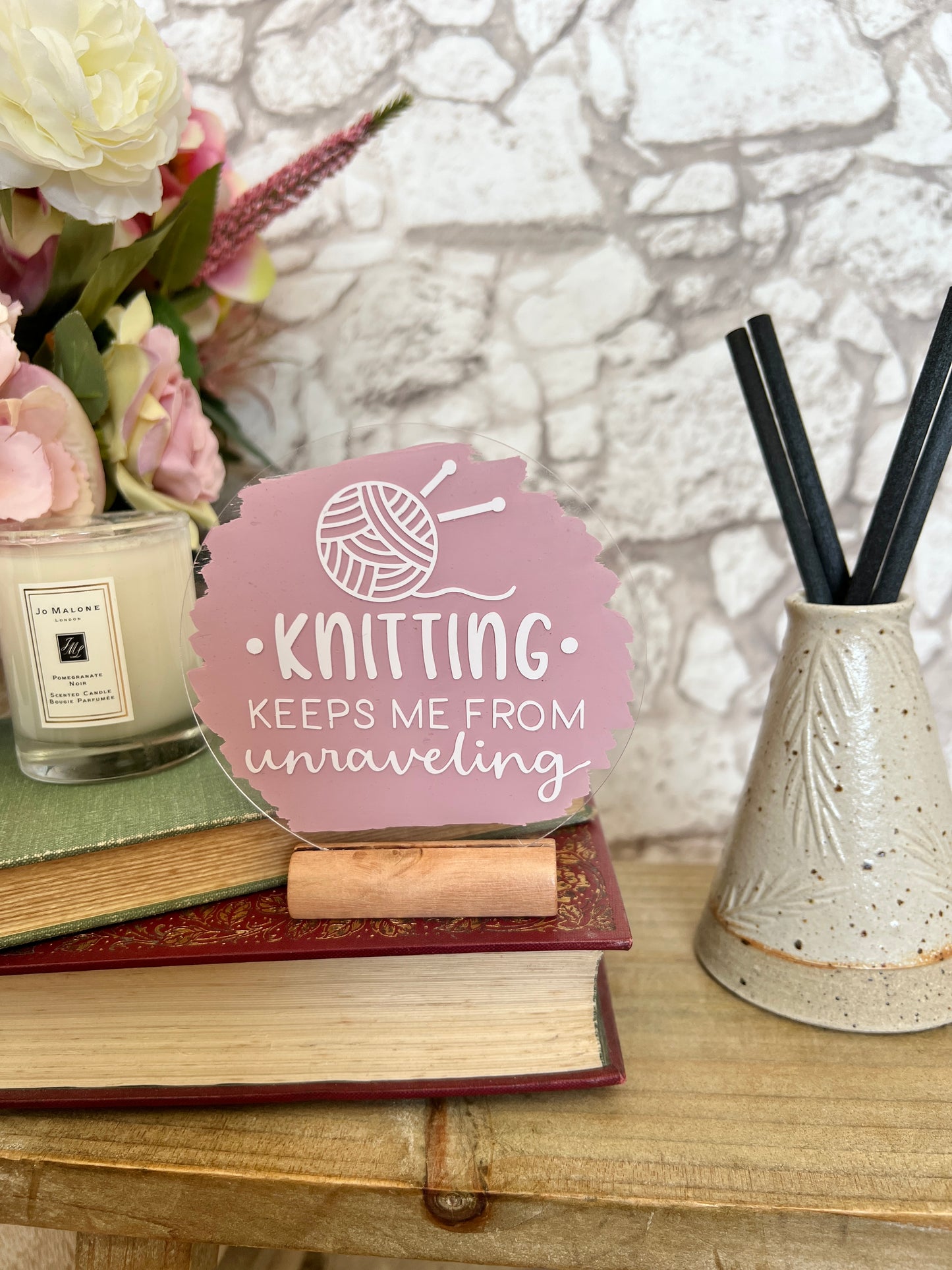 Knitting keeps me from unraveling acrylic plaque