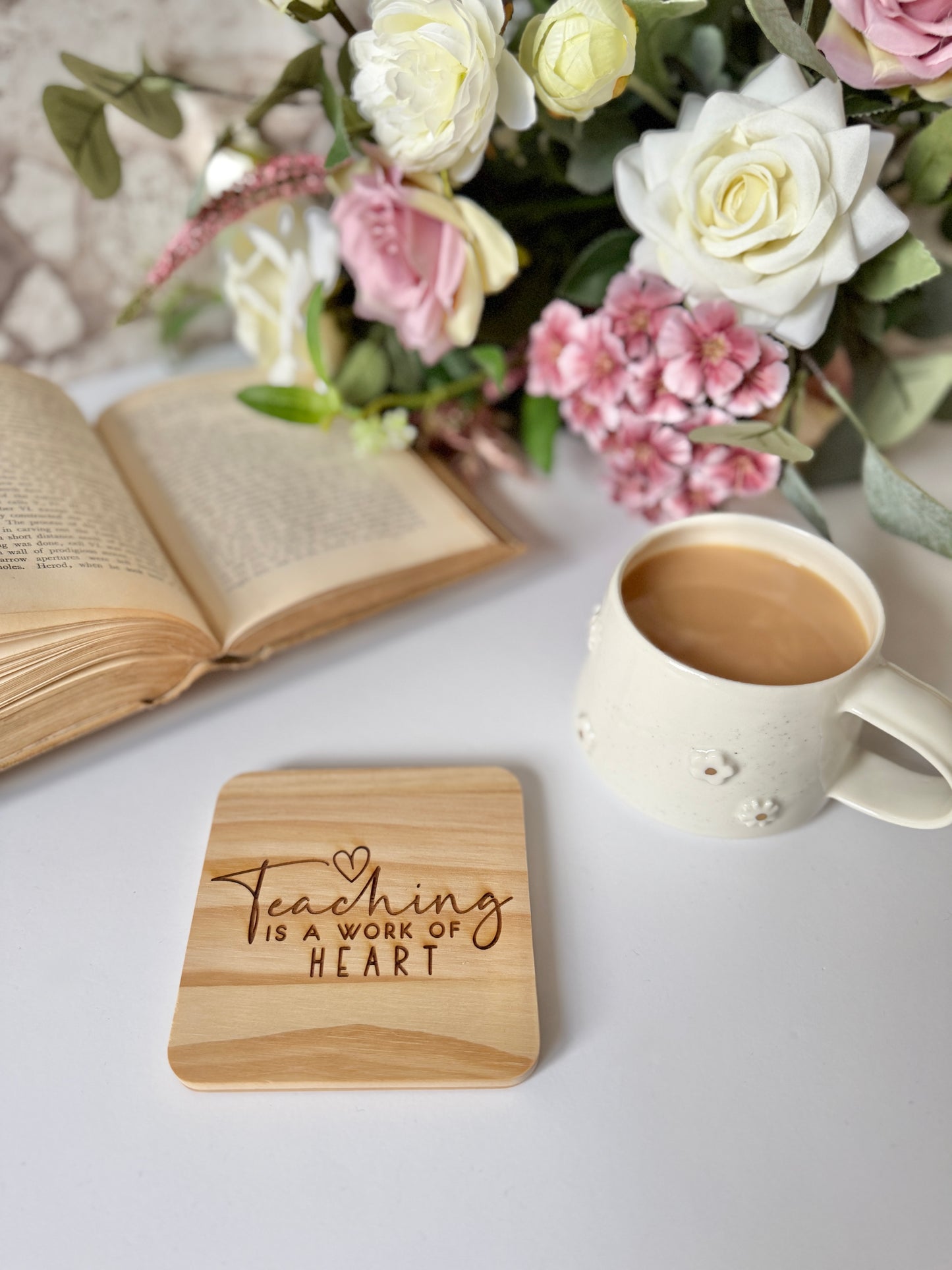 Teaching is a work of heart engraved wooden coaster