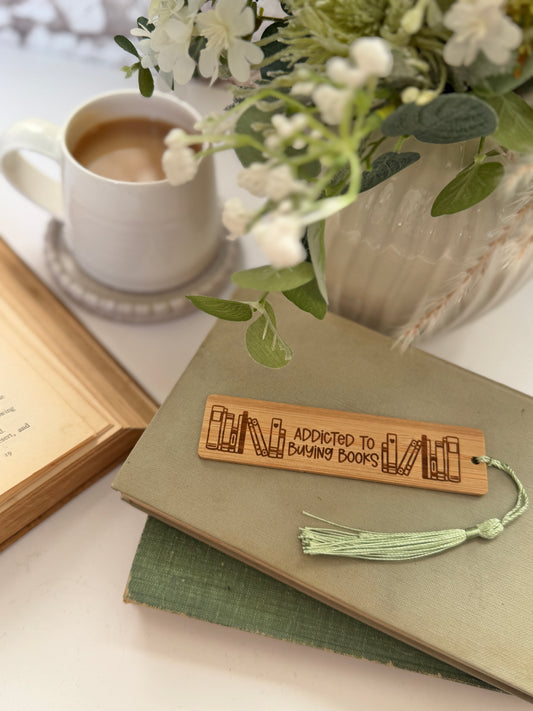 Addicted to buying books wooden engraved bookmark