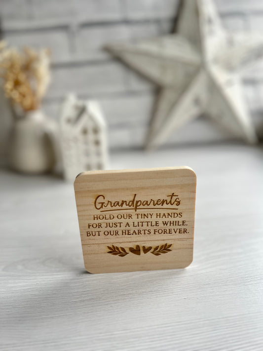 Grandparents hold our tiny hands engraved wooden coaster