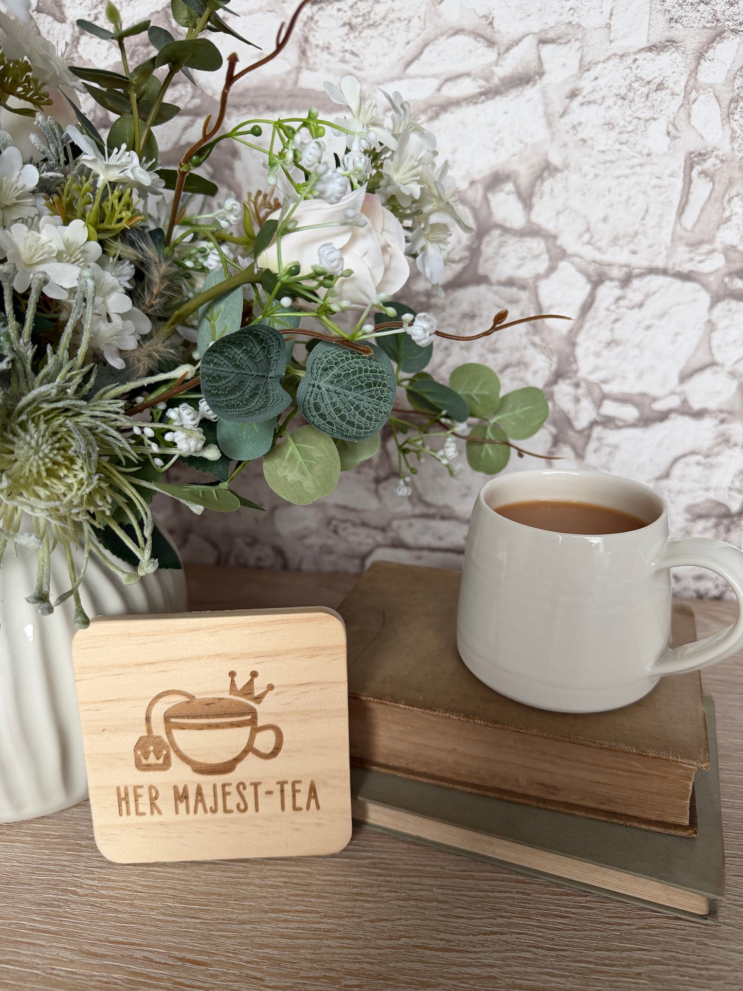 Her Majest-tea engraved wooden coaster