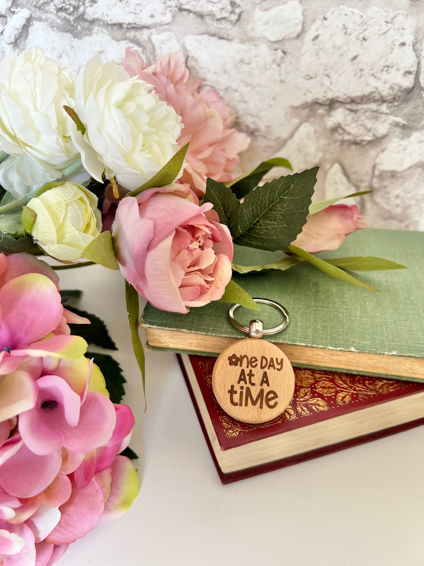 One day at a time engraved wooden keyring