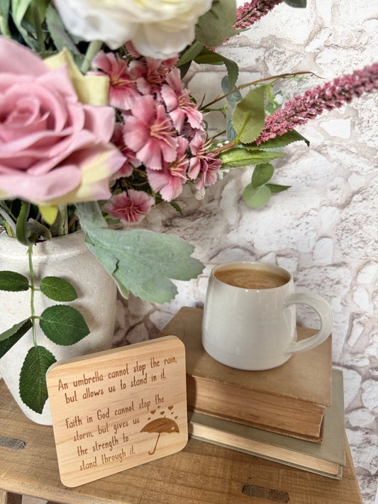 Faith in God (storm) engraved wooden coaster