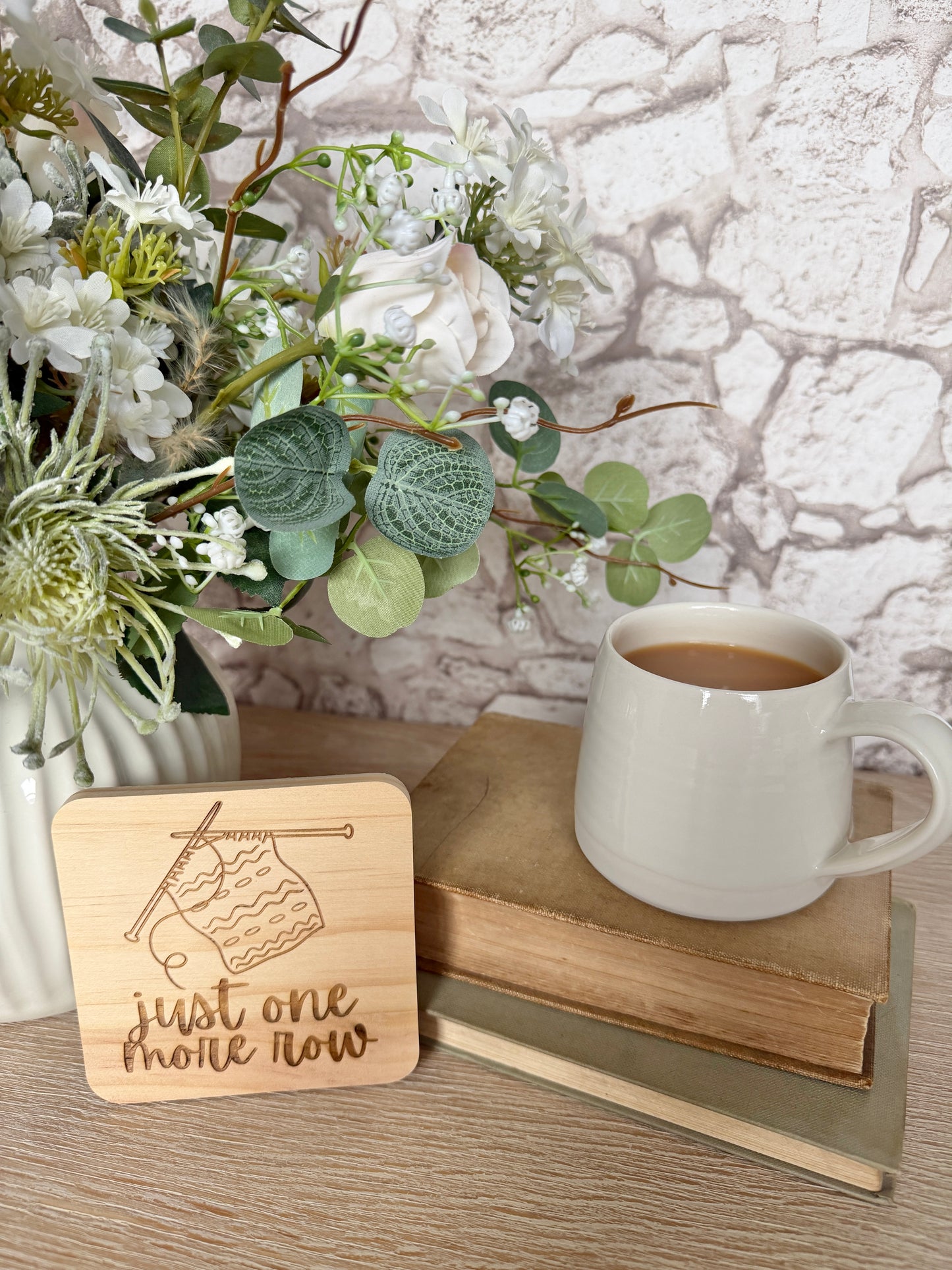 Just one more row engraved wooden coaster