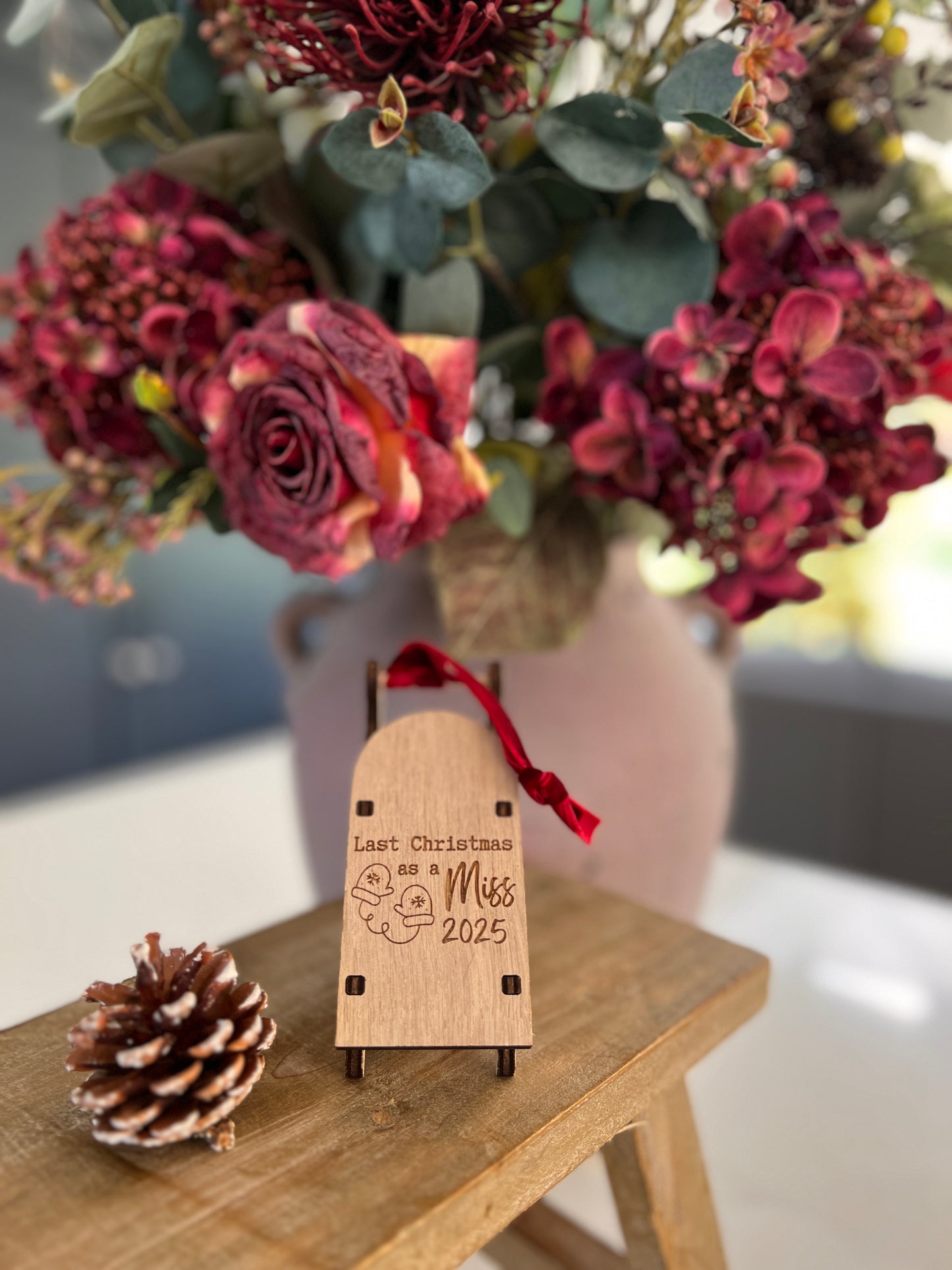 Last Christmas as a Miss engraved wooden sleigh tree decoration