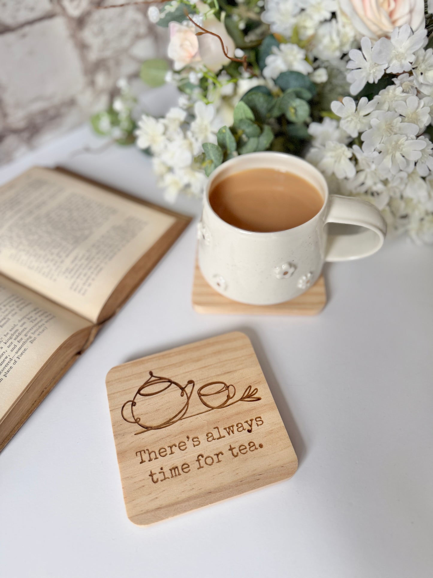 Always time for tea engraved wooden coaster