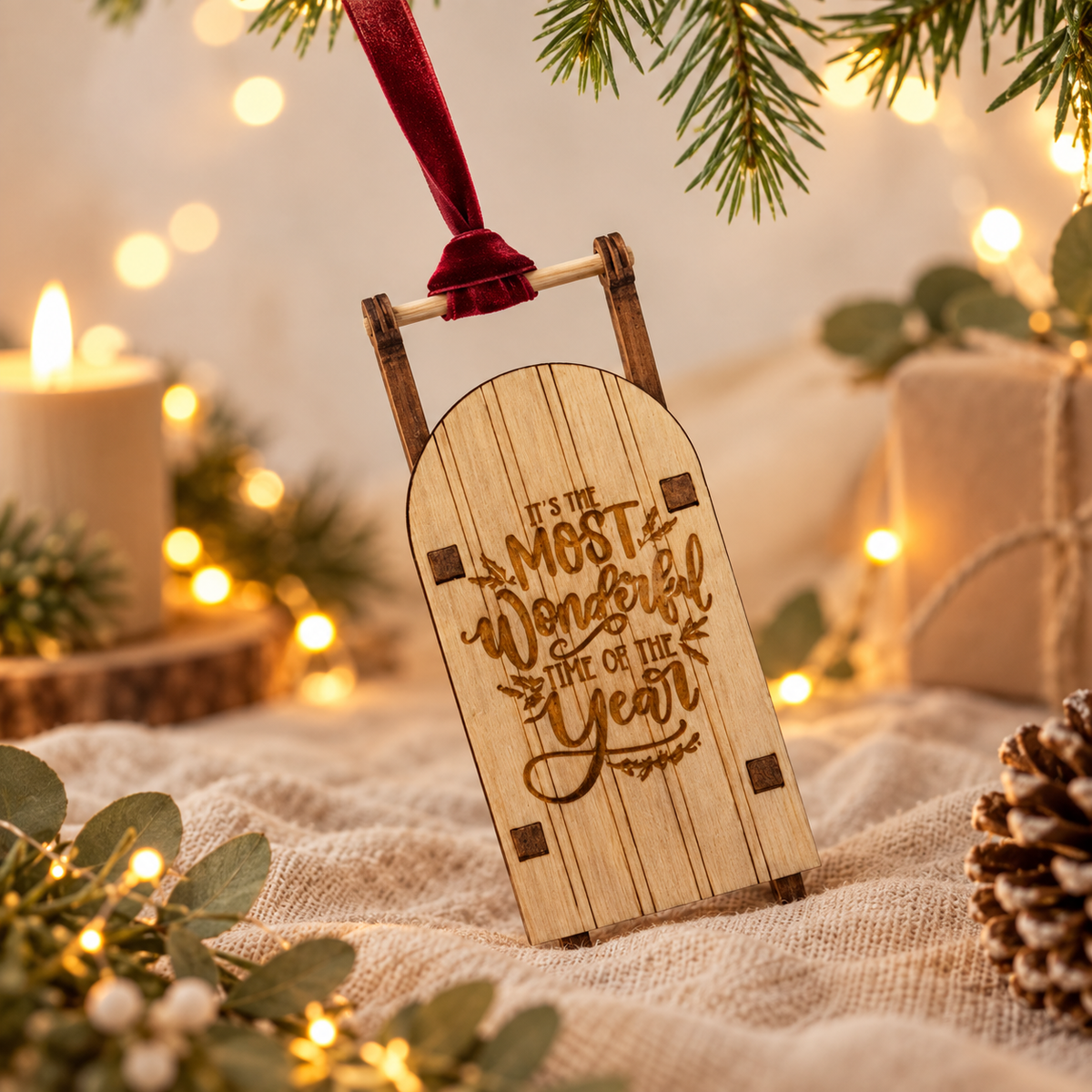 Wooden Sleigh Christmas Tree Decoration - choice of 16 designs