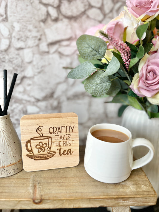 Granny makes best tea engraved wooden coaster