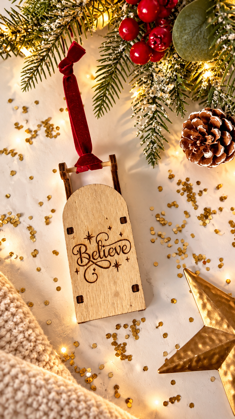 Wooden Sleigh Christmas Tree Decoration - choice of 16 designs