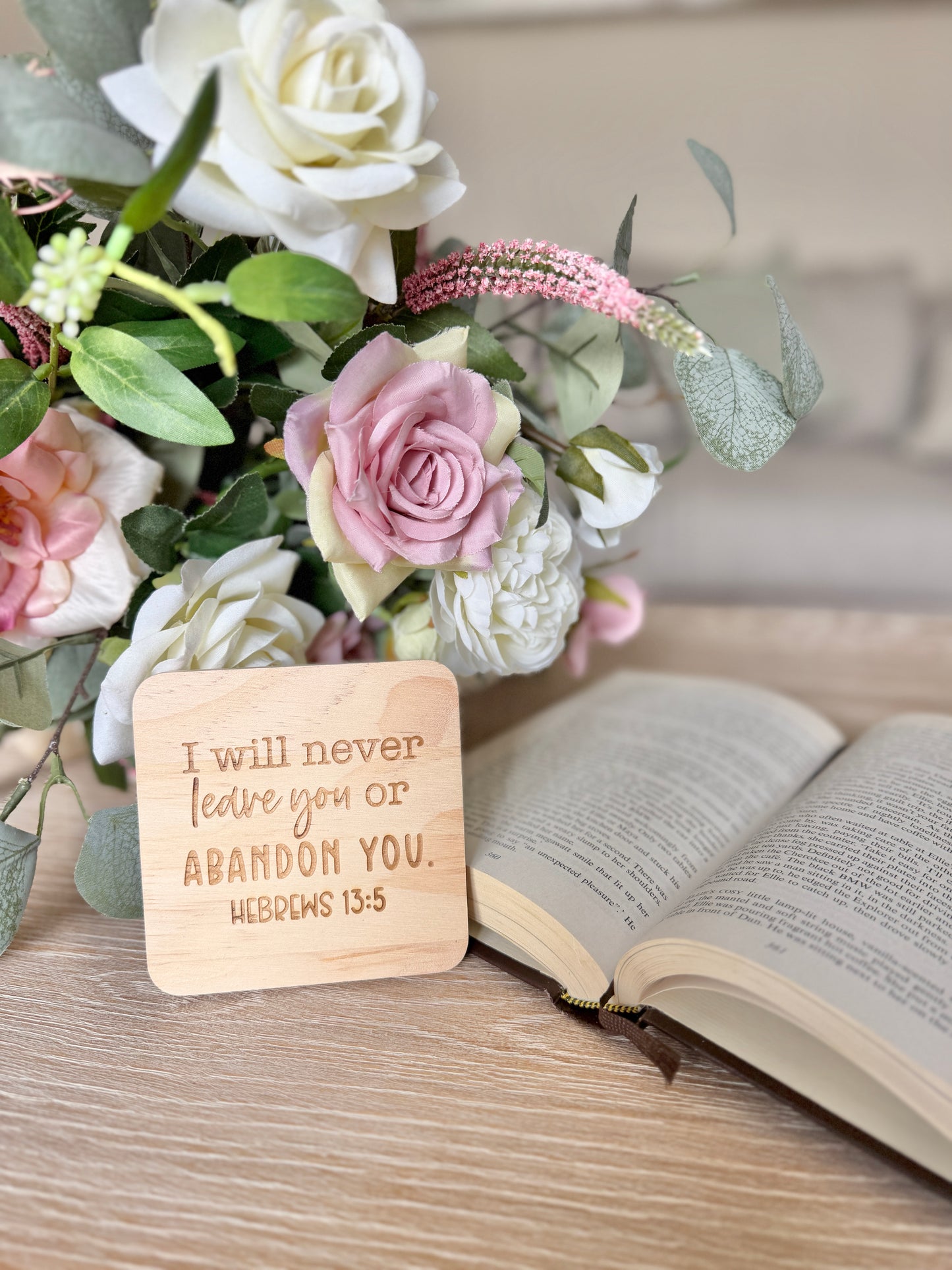 I will never leave you (Hebrews 13:5) engraved coaster